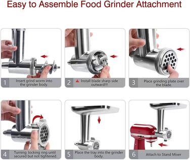 Насадка для м'ясорубки для міксера Kitchenaid включає 3 ріжки наповнювача для ковбаси, 2 шліфувальні леза, 4 шліфувальні диски та щітку для чищення М'ясорубка для KitchenAid Аксесуари від GVODE литі під тиском алюміній та нержавіюча сталь Срібло