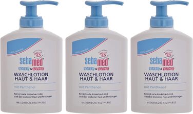 Шампунь для шкіри та волосся Sebamed Baby and Child Wash Lotion 3 упаковки, м'яко очищає ніжну дитячу шкіру, навіть при сухості та подразненні, шампунь і гель для душу, 200 мл (3 шт. в упаковці) 3 упаковки, 3 x 200 мл