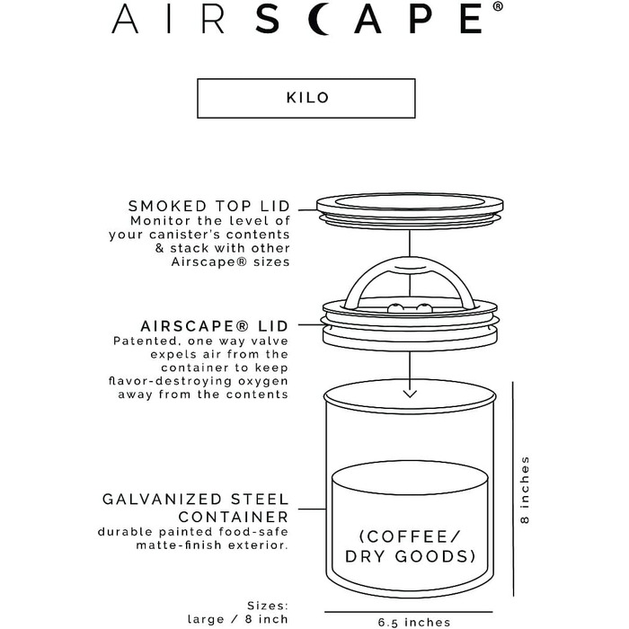 Банка для зберігання кави Airscape (1,1 кг сухих зерен) - великий контейнер розміром з кілограм, запатентована герметична кришка виштовхує повітря для збереження свіжості їжі (чорний)