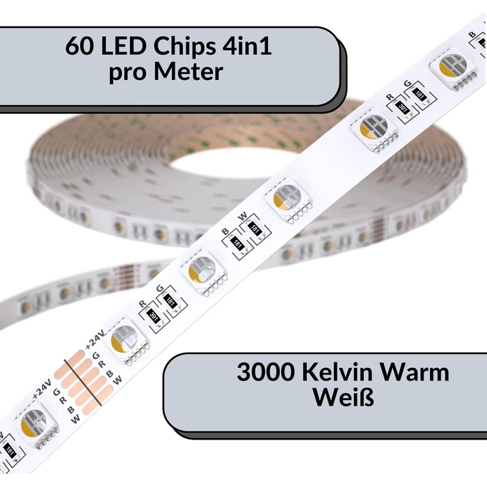 Світлодіодна стрічка RGBWW 24v 5m професійна стрічка самоклеючий затемнювач теплий білий барвистий 16 мільйонів кольорів Тривалість життя 30 000 годин 3000 кельвінів 60 світлодіодів на метр Чіпсет 5050