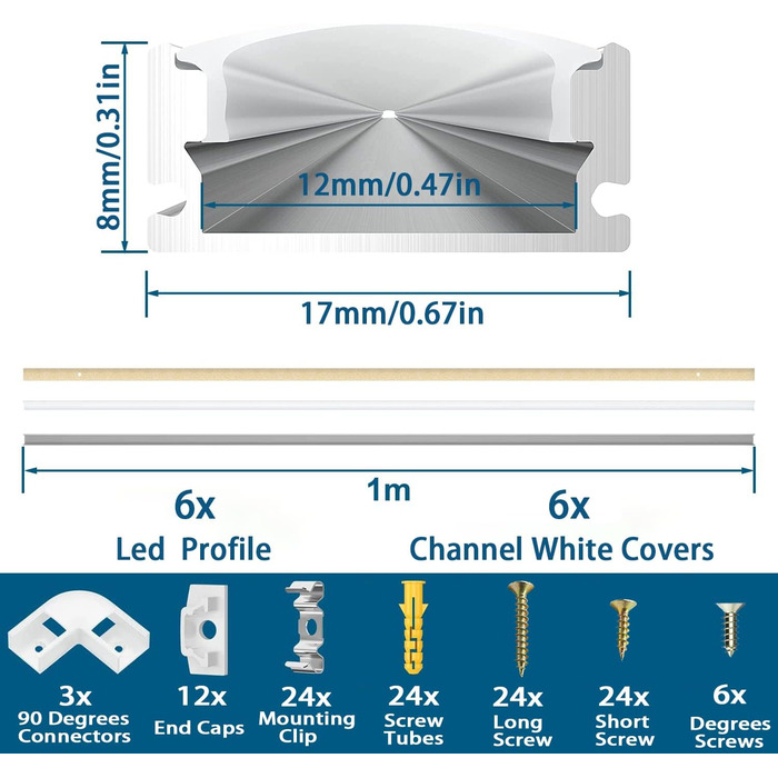 Світлодіодний алюмінієвий профіль Chesbung для світлодіодних стрічок/смуг/смуги/смуги, 6 x 1 м алюмінієвого профілю Led V Form Alu Profile Led, канал світлодіодної стрічки з молочно-білою кришкою, світлодіодний розсіювач із кутовими роз'ємами 45 градусів 