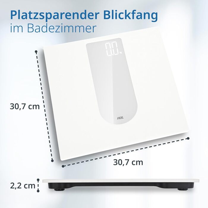 Цифрові ваги для ванної кімнати ADE з великим світлодіодним дисплеєм Нековзна вагова поверхня з безпечного скла Точний результат зважування з кроком 100 г Елегантна матова поверхня до 180 кг (білий)