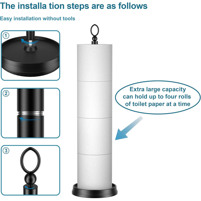 Надміцний тримач для туалетного рулону (з функцією резерву), окремостоячий тримач для туалетного рулону, запасний тримач для туалетного рулону, загальна висота 57,1 см, матовий чорний Матовий чорний