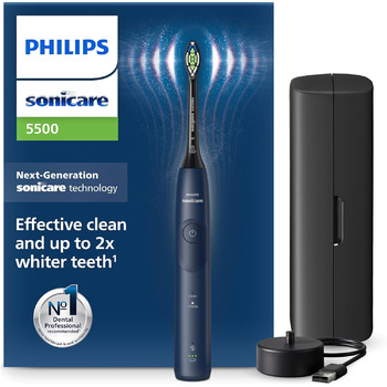 Електрична зубна щітка Philips Sonicare 5500, звукова зубна щітка з 2 режимами очищення, контролем тиску, EasyStart, SmarTimer і BrushPacer, Navy, модель HX7113/01