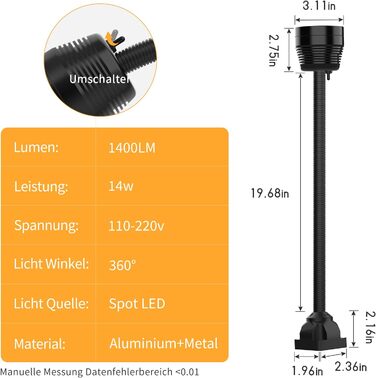 Гнучка лампа для машини на гусячій шиї YouTeMei Світлодіодна лампа для токарного верстата 14 Вт Гнучкий водонепроникний ліхтар для рукоділля, ЧПУ, фіксована основа верстака