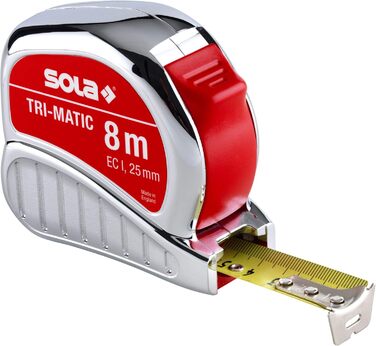 Рулетка - TRI-MATIC - 8м / 25мм - Професійна кишенькова рулетка з затискачем для пояса - Сталева стрічка, пофарбована в жовтий колір з міліметровою шкалою - Клас точності I - Рулонний метр з рухомим кінцевим гачком - Довжина 8м/25мм