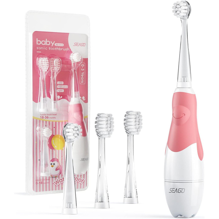 Водонепроникна дитяча зубна щітка IPX7 (Sonic Toothbrush 4 шт. Brush Heads, Pink), 513 Electric Sonic Toothbrush for Children from 0 to 3 Years LED Light Smart Timer Sonic Baby Toothbrush