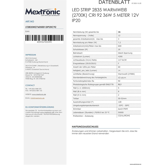 Світлодіодна стрічка/світлодіодна стрічка Mextronic тепла біла (2700k) 5м, 36W IP20