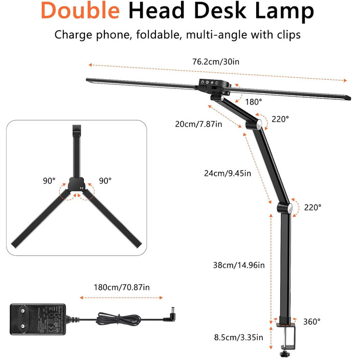 Настільна лампа LGMCF LED з регулюванням яскравості, з керуванням жестами та портом USB і Type-C, затискна лампа денного світла з подвійною головою потужністю 24 Вт, 5 кольорів для захисту очей Офісна лампа Стіл для монітора Робота Домашній офіс Чорний