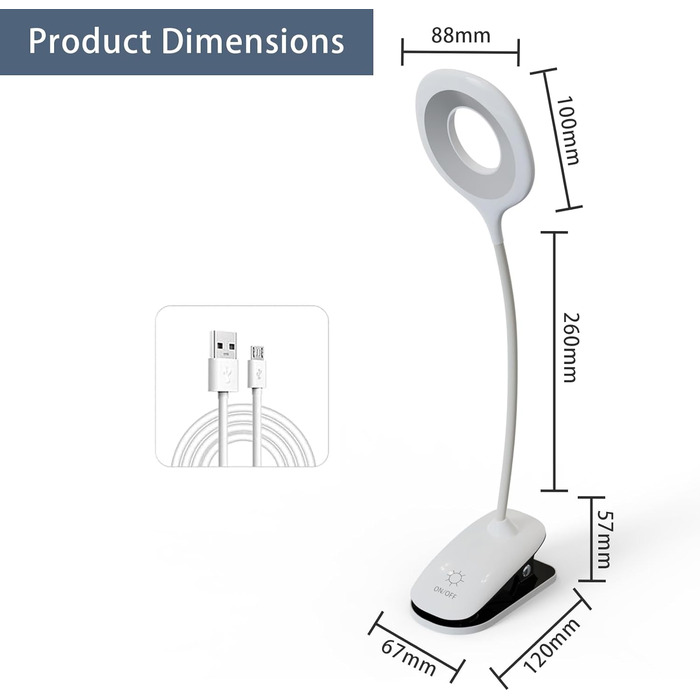 Ліжко, Світлодіодна лампа для читання Ліжко Touch Dimmable 3 кольори Ліжко Lamp Clamp Lamp Lamp Захист очей Gooseneck Лампа для читання Kids USB акумуляторна для навчання, роботи, (білий)