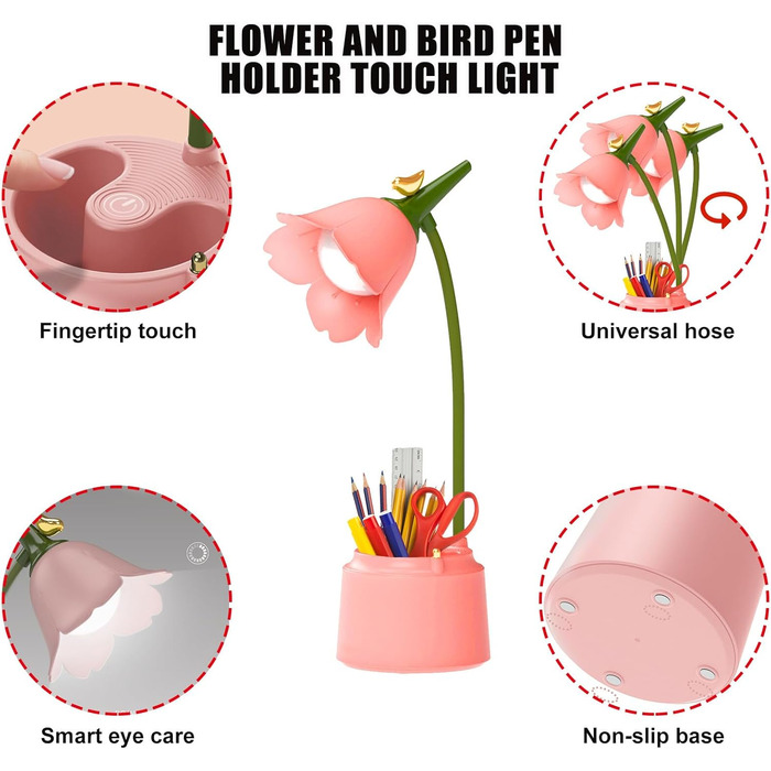 Настільна лампа для дітей 3 колірні температури затемнена світлодіодна настільна лампа з тримачем для ручки, сенсорним датчиком і гнучкою рукою, акумуляторна настільна лампа USB Приліжкова лампа для читання, навчання (рожевий)
