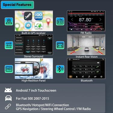 Автомобільна стереосистема Hikity Android з навігацією для FIAT 500 2007-2015 Автомобільна стереосистема Bluetooth з екраном 7-дюймова радіостанція з сенсорним дисплеєм і дзеркальним зв'язком для iOS/Android FM-радіо з RDS WiFi/GPS камера заднього виду Чо