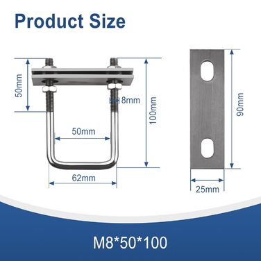 Гвинт M8, U-подібний різьбовий кронштейн, квадратні болти, U-болти затискачі, U-болти для саду, автофургонів, DIY, сонячної установки та кріплення (8 шт., M8x50x100 мм)