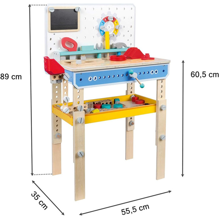 Дерев'яний верстак Leomark з аксесуарами - майстерня для дітей з інструментами та переносним ящиком, креативна іграшка для творчого будівництва, висота 89 см