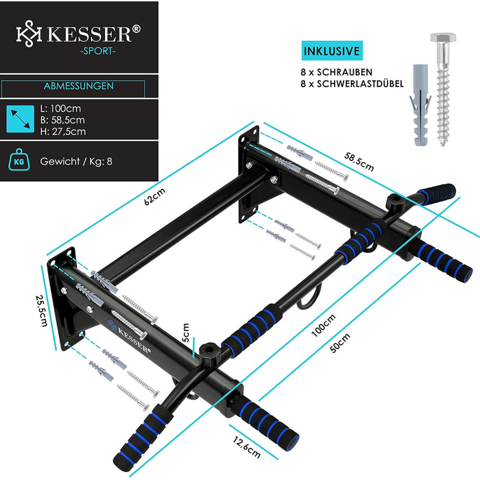 Турнік KESSER 4в1 для настінного монтажу Нековзні ручки Додаткова функція для мотузок, кілець і боксерських груш з різними положеннями хвата Безпека та стабільність Турнік для дому (синій)