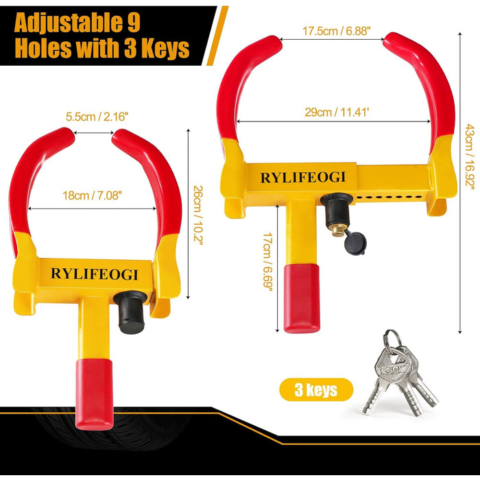 Паркувальний кіготь Кіготь колеса, Кіготь для шин Іммобілайзер Блокування колеса Протиугінний пристрій із запобіжником 9 отворів 3 ключі для автомобіля, причепа, каравану