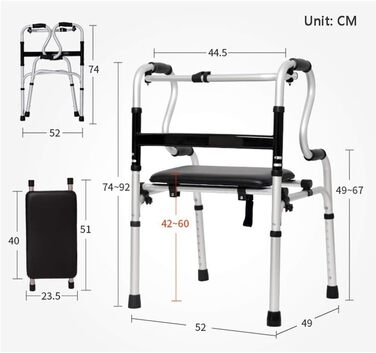 Захисна рама для туалету WUFUE, алюміній для людей похилого віку з сидінням, розбірна рама для ходьби, широкий допоміжний засіб для ходьби з регулюванням висоти, легкий, цікавий, з високими амбіціями