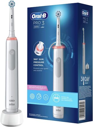 Електрична зубна щітка Oral-B PRO 3 3000 Sensitive Clean, з 3 режимами чищення, включаючи чутливий і візуальний контроль тиску на 360 для догляду за зубами, розроблений компанією Braun, білий