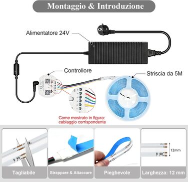 Світлодіодна стрічка COB WiFi 5M RGBCCT Kit Світлодіодна стрічка COB з можливістю затемнення 4200LED Timing APP Control 24 В гнучка стрічка для кухні та спальні, сумісна з Alexa/Google Home