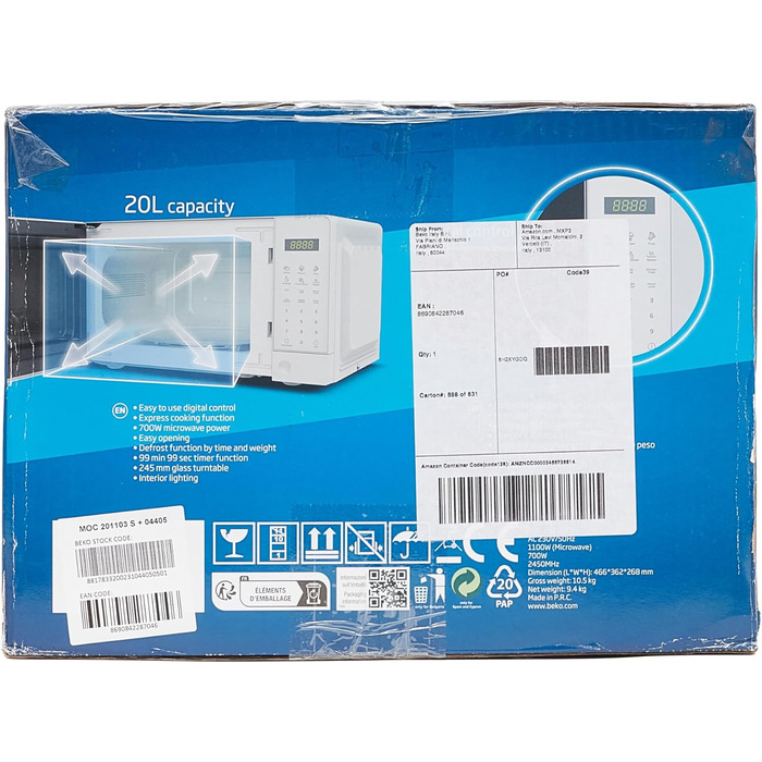 Мікрохвильова піч Beko Moc201103S, 20 л, цифрова, сріблястого кольору 45,2 x 32,5 x 26,2 см