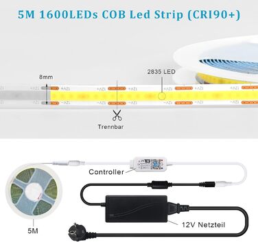 Світлодіодна стрічка COB натуральна біла 4000K, світлодіодна стрічка WIFI 12V COB 5 м світлодіодна стрічка з можливістю затемнення, 320 світлодіодів/м, керована APP, гнучка світлодіодна стрічка високої яскравості COB Світлодіодна стрічка COB для прикраси 