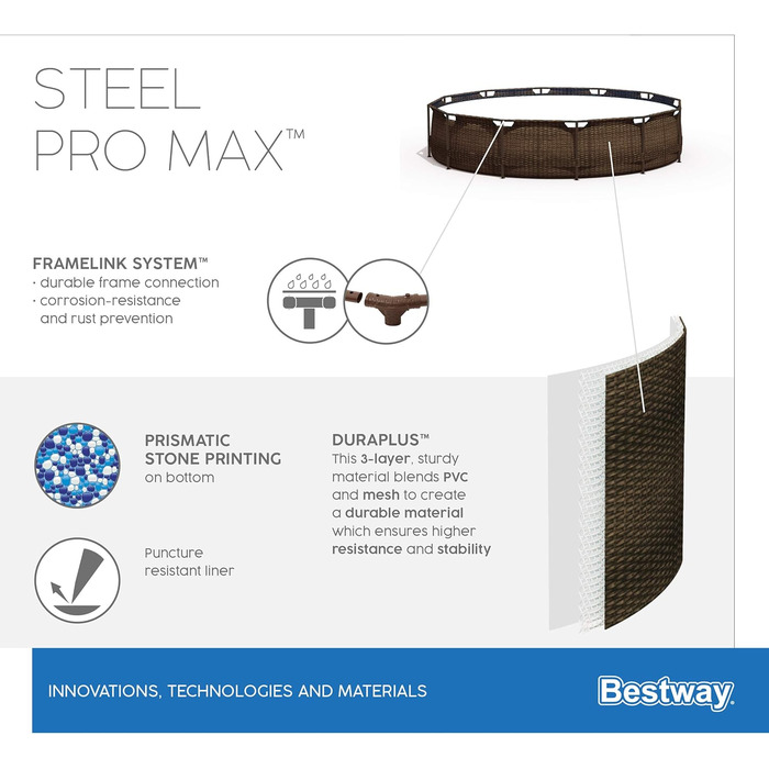 Набір каркасних басейнів Bestway Steel Pro MAX з фільтруючим насосом Ø 366 x 100 см, Ротанговий вигляд (шоколадно-коричневий), Круглий