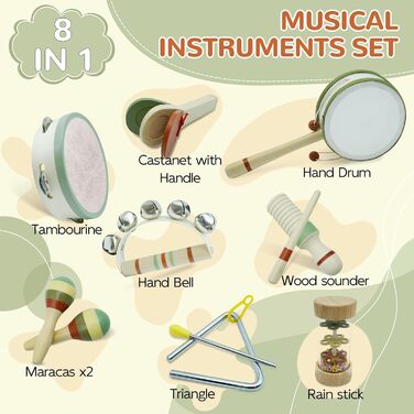 Дитячі музичні інструменти іграшки від 1 2 3 років, 8 в 1 дерев'яні іграшки Монтессорі дитячі музичні інструменти розвиваючі іграшки дитячі барабанні установки - барабан - різдвяні подарунки для дітей від 1 2 3 4 років