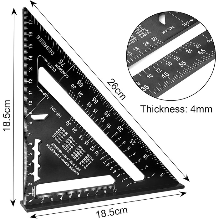 Теслярський квадрат Wanglaism з багатофункціональним кутовим трикутником кутоміром лінійкою з алюмінієвого сплаву для деревообробних інструментів зроби сам, інструмент для маркування глибоких отворів (метричний, 7 дюймів)