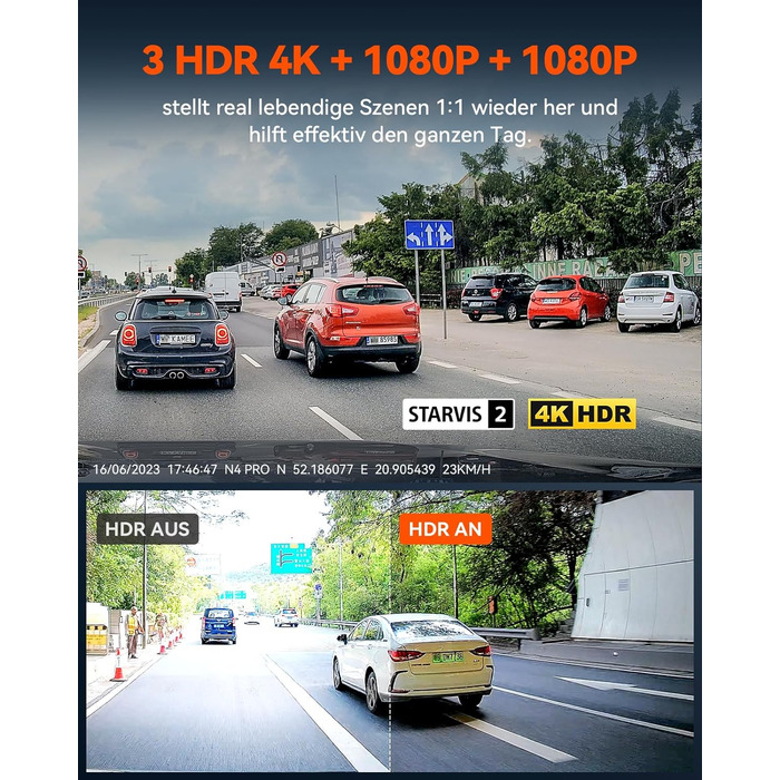 Автомобільний відеореєстратор VANTRUE N4 Pro 5G WiFi 4K 1080P 1080P/ 3 HDR, режими конфіденційності відеореєстратора STARVIS 2 та буферний моніторинг паркування Автомобільна камера ІЧ Starlight Нічне бачення, голосові команди, GPS, 2.45 Макс. 512 ГБ