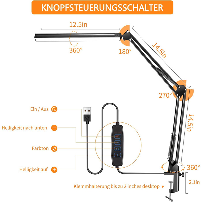 Настільна лампа світлодіодна затискна з регулюванням яскравості, архітектурна лампа з поворотним кронштейном 12 Вт, офісна настільна лампа з 3 колірними температурами та 10 рівнями яскравості 3000K-6000K