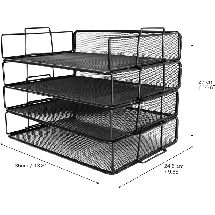 Сортувальник паперу з дротяної сітки Exerz 4 шт. Полиці/стіл Багатофункціональний органайзер/тримач для файлів Лоток для листів, який можна штабелювати - офіс, школа (1, чорний)