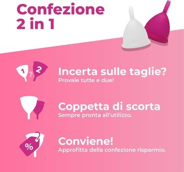 Набір з 2 менструальних чаш, виробництво Італія, м'яка, безпечна, виготовлена з медичного силікону, екологічна, зручна, розмір 2 х 2 шт. и, прозора і кольору фуксії