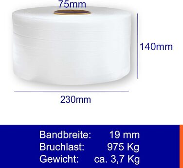 Рулони 19-міліметрової поліестерової стрічки Розривне навантаження 975 кг Довжина стрічки 400 м Поліестеровий ремінь для оптимальної фіксації вантажу Як варіант, як атмосферостійка дерев'яна зв'язка стрічки або обв'язки, 3
