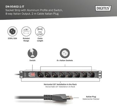 Подовжувач живлення DIGITUS 19 - - 1U - 250 В змінного струму - 50/60 Гц - 16 А - 4000 Вт (8 кранів, перемикач, ІТ-версія)