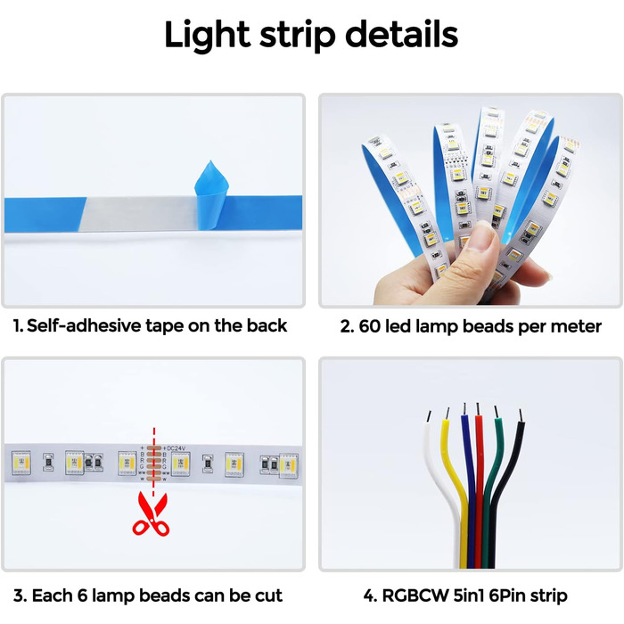 Світлодіодна стрічка COB RGBW 24 В 5 М, світлодіодна стрічка COB RGBW RGBW Теплий білий із затемненням 5-контактні струнні світильники COB високої щільності 784 світлодіоди / м шириною 12 мм багатобарвний IP20 для спальні, кухні, домашнього інтер'єру (5 м