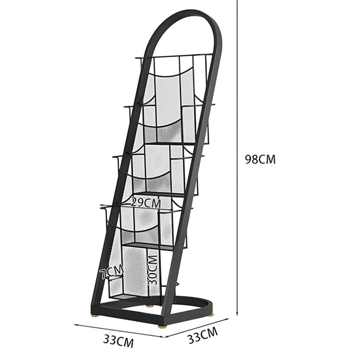 Окремо стояча стійка для журналів, підлоговий органайзер для рекламних матеріалів, залізна стійка для журналів, для виставок, торгових центрів (чорна, 33 x 33 x 98 см) Black 33x33x98cm