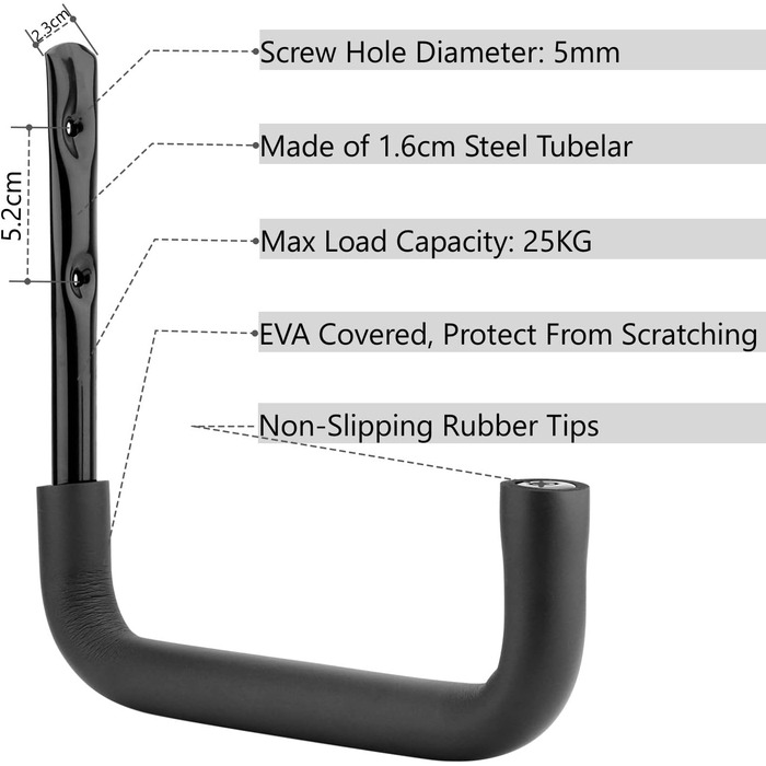 Міцний гачок для зберігання в гаражі 25 см, 6 гачків для драбини із захистом EVA, вішалки для приміщень та вулиці, органайзери для драбин, стільців, велосипедів (23 см x 25 см)