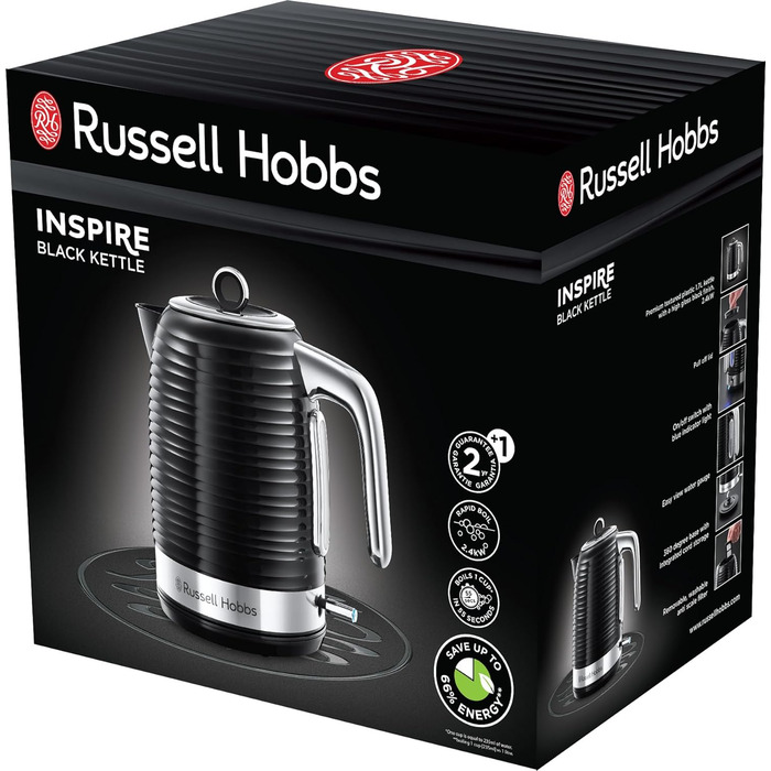 Чайник Russell Hobbs 1,7 л, 2400 Вт Inspire Black з високоякісною глянсовою структурою (функція приготування під тиском, знімний фільтр від накипу, індикатор рівня води, знімна кришка) Чайник для чаю 24361-70