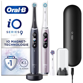 Електрична зубна щітка Oral-B iO Series 9, подвійна упаковка та 3 щітки, 7 режимів чищення, магнітна технологія та 3D-аналіз, кольоровий дисплей, дорожній футляр для зарядки, чорний онікс/рожевий кварц