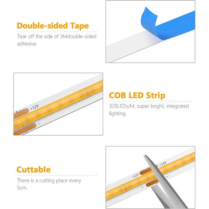 Світлодіодна стрічка TLINKOSTA 12V COB, 6 шт. 3M тепла біла світлодіодна стрічка COB з диммером для дотику та ручного розгортки для вітрини шафи Освітлення кухні (теплий білий, 3M)