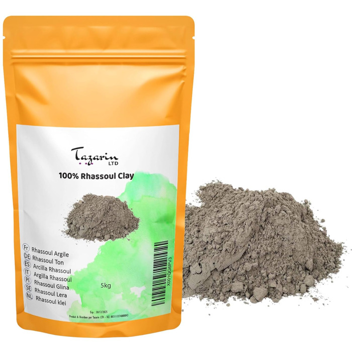 Кг Lava Clay Powder, Ghassoul, глина для догляду за шкірою, волоссям і тілом, мінеральна глина, також для масок і скрабів, без поверхнево-активних речовин, натуральна та веганська - Tazarin Ltd, 5