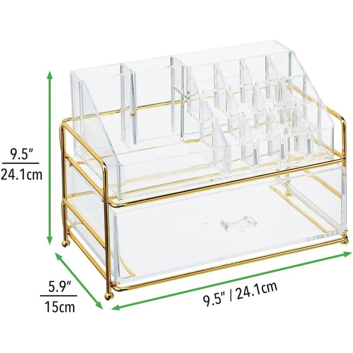 Практична полиця для зберігання косметики у ванній кімнаті або спальні ящик для зберігання з 16 відділеннями та одним ящиком латунь/прозора латунь/прозора 15,2 x 24,1 x 24,1 см