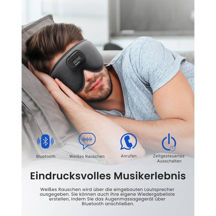 Маска для сну з Bluetooth V5.2, RENPHO Ultra Soft Sleep Headphones 3D Blackout Wireless Sleep Mask for side Sleepers, Comfort Night Eye Mask, White Noise Eye Mask