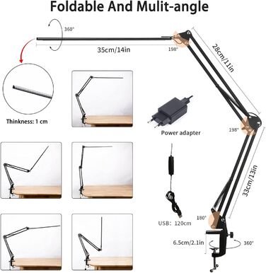 Настільна лампа світлодіодна, затискна лампа архітектора з можливістю затемнення з поворотним кронштейном, функцією пам'яті та портом USB, 3 колірними температурами та 10 рівнями яскравості для читання, роботи, навчання, 12 Вт чорний