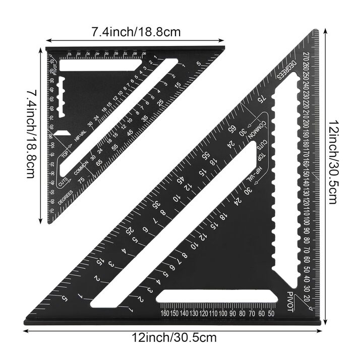 Столярний кутник метричний, 18см та 30см металевий набір, метрична трикутна лінійка для столярів (чорна), 2 шт.