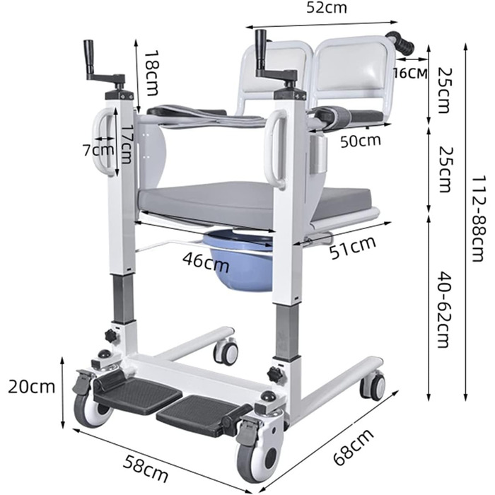 Інвалідний візок для підйому пацієнта, Крісло для перенесення пацієнта додому, Портативне транспортне крісло для транспортування, Ручний підйомник з розділеним сидінням на 180, Приліжковий комод з горщиком, Душова інвалідна коляска для людей похилого віку