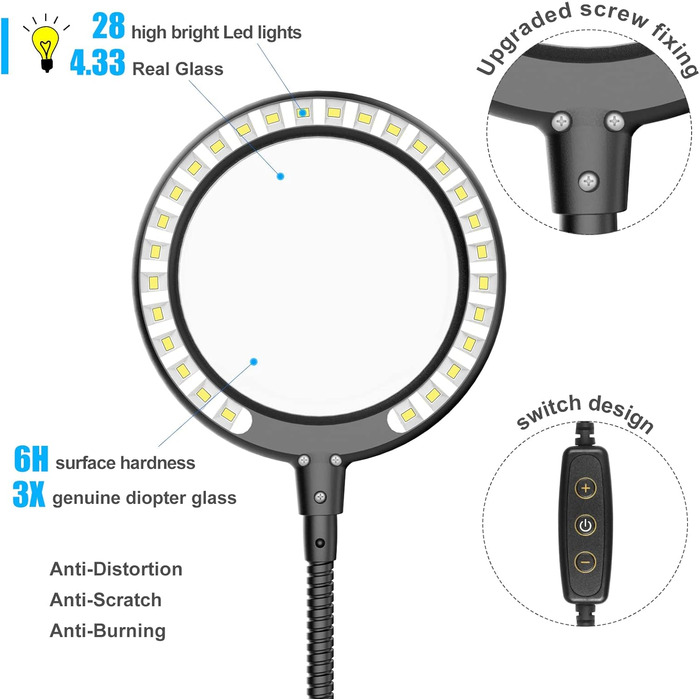 Лупа з легким третьою рукою Паяння 3-кратним збільшенням Допомагаючі руки Лампа-лупа з підсвічуванням з 28 світлодіодами з регулюванням яскравості, потужна база 4 гнучкі допоміжні кронштейни з підсвічуванням для рукоділля, паяння, хобі Сірий
