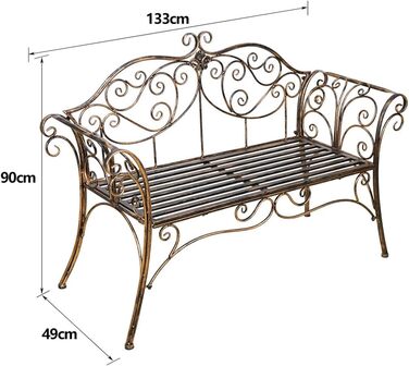 Садова лавка HLC Металева лавка зі спинкою та підлокітником Залізна лавка для 2-3 місних Лавка в ретро-стилі Лавка для саду, парку, балкона (бронза)