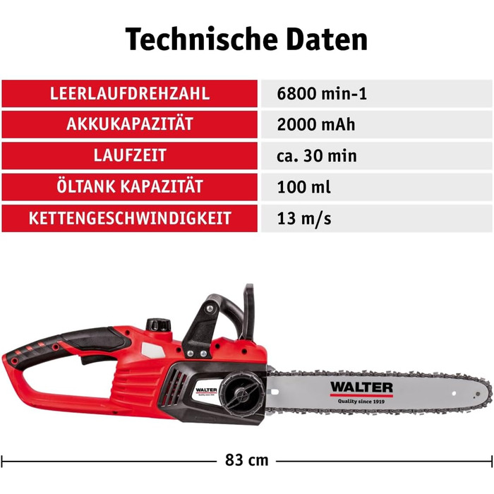 Акумуляторна безщіткова ланцюгова пила WALTER Li-Ion 40 В, швидкість ланцюга 13 м/с, довжина різання 350 мм, потужна продуктивність, легкість у використанні, час роботи близько 30 хв, вкл. напрямну шину, пиляльний ланцюг і 2 акумулятори