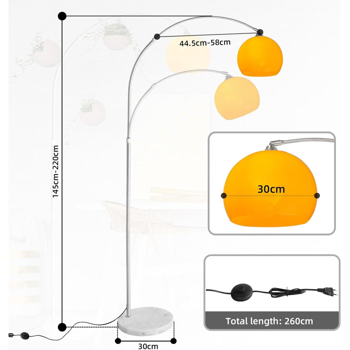 Дугова лампа Регульована по висоті мармурова основа Білий помаранчевий торшер Торшер Торшер Торшер Дугова лампа Арка Торшер, колір помаранчевий, регульована висота 130-180 см (дугова лампа, помаранчевий, висота 145-220 см), 27